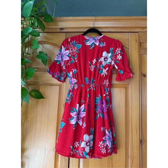 Old Navy Red Floral Waist Defined Flutter Sleeve Dress Womens SZ XS - Picture 6 of 12
